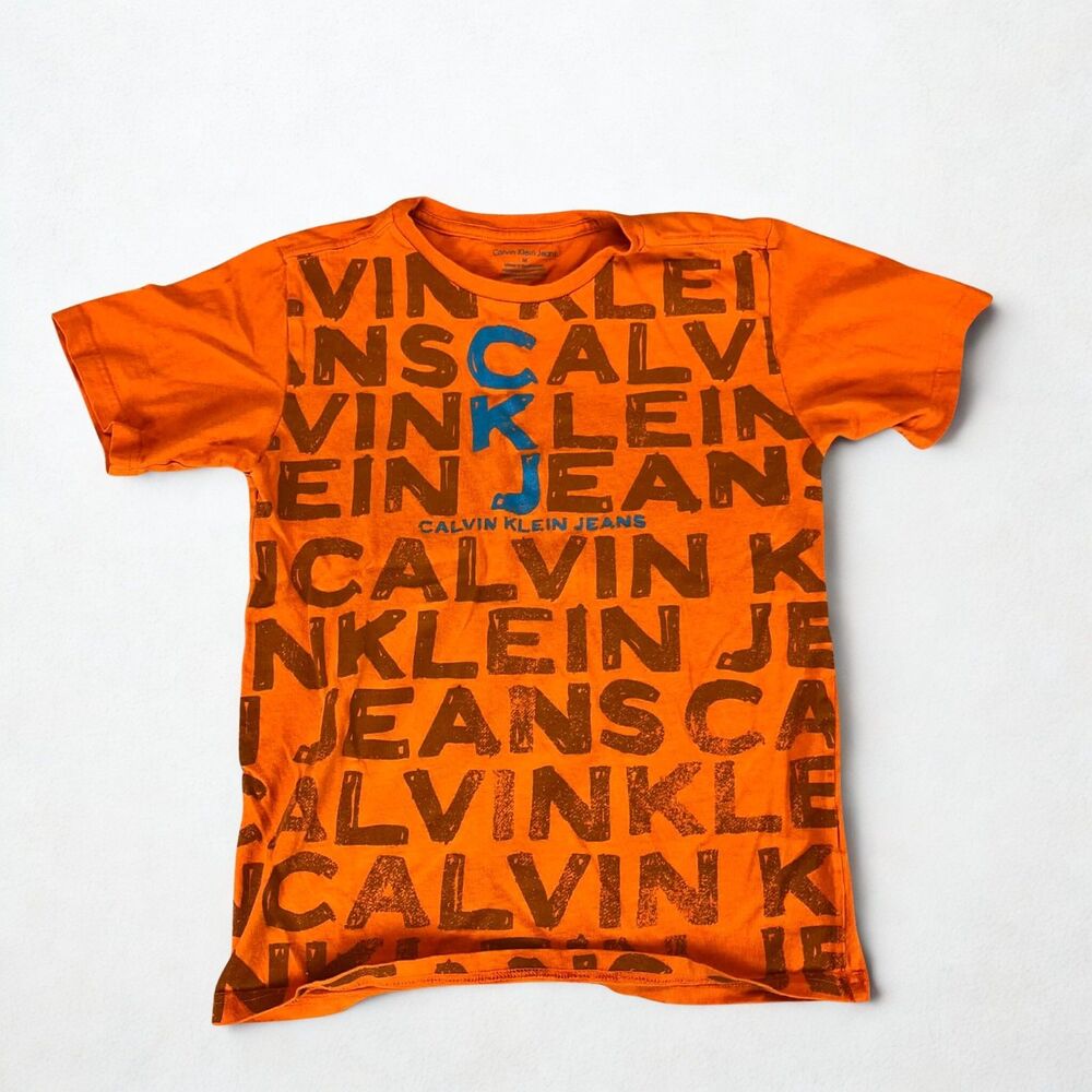 Calvin Klein Jeans Shirt Boys M Orange CKJ Logo Graphic Short Sleeve Cotton Tee